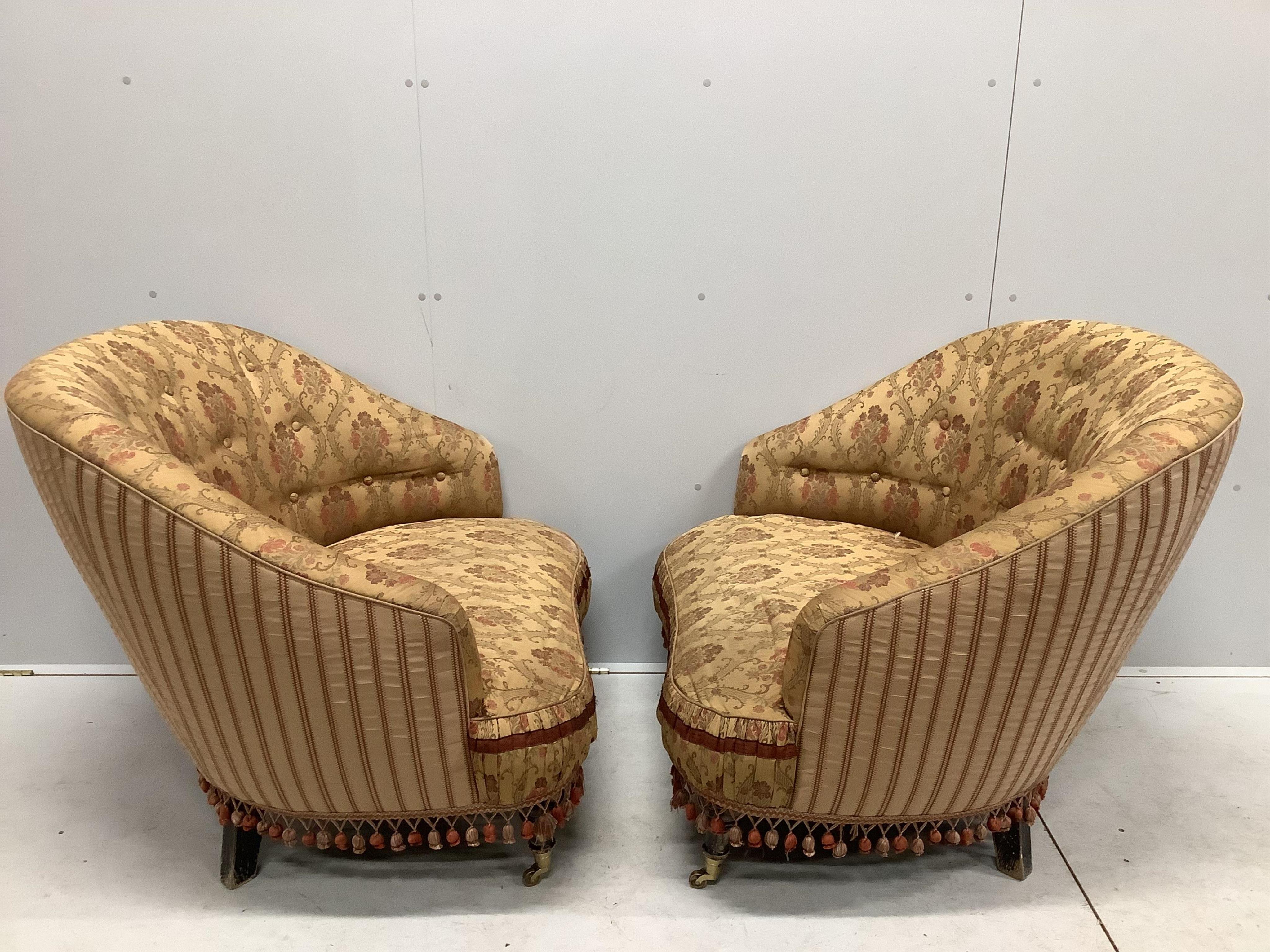 A pair of Provosi upholstered 'Tuffet' armchairs, width 94cm, depth 82cm, height 86cm. Condition - fair to good